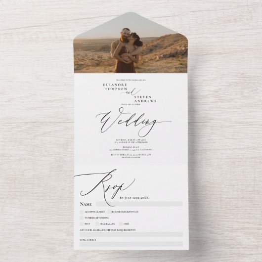 Modern boho foto's, kalligrafie bruiloft all in one uitnodiging (Binnen)