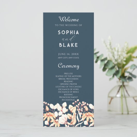 Modern Boho Garden Blue Wedding Programme (Staand voorkant)
