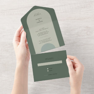 Modern Boho Geometric Arch Sage Green Wedding All In One Uitnodiging
