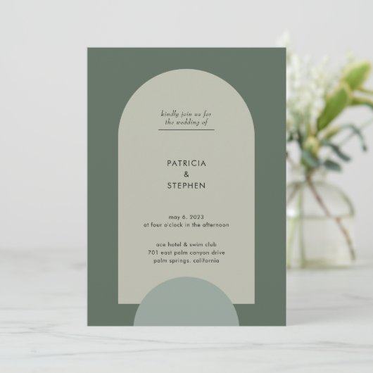 Modern Boho Geometric Arch Sage Green Wedding Kaart (Staand voorkant)