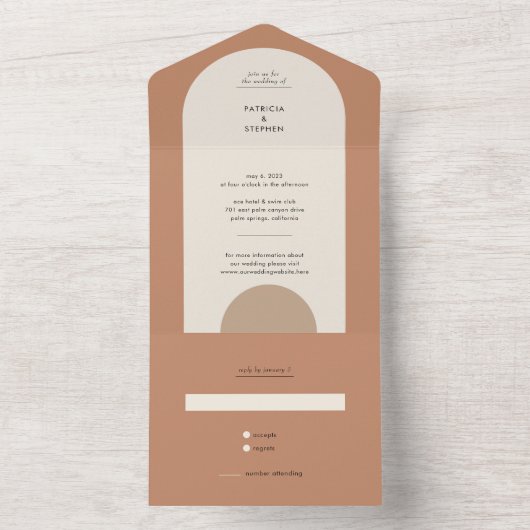 Modern Boho Geometric Arch Terracotta Wedding All In One Uitnodiging (Binnen)