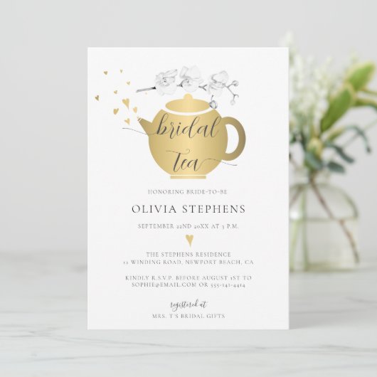 Modern Boho Gold Hearts Orchids Floral Bridal Tea Kaart (Staand voorkant)