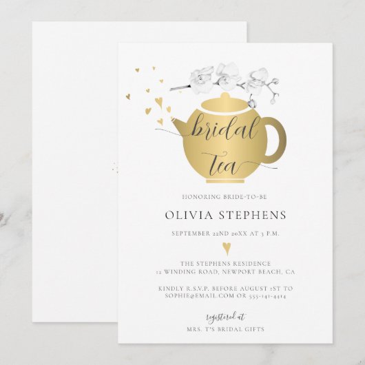 Modern Boho Gold Hearts Orchids Floral Bridal Tea Kaart (Voorkant / Achterkant)