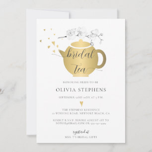 Modern Boho Gold Hearts Orchids Floral Bridal Tea Kaart
