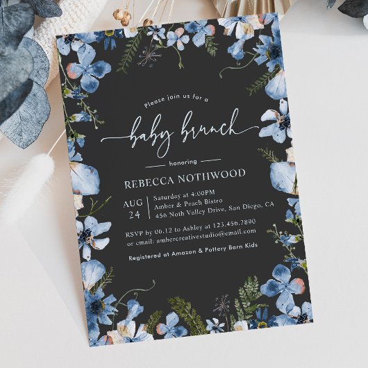 Modern Boho Gray Blue Floral Baby Brunch Shower Kaart