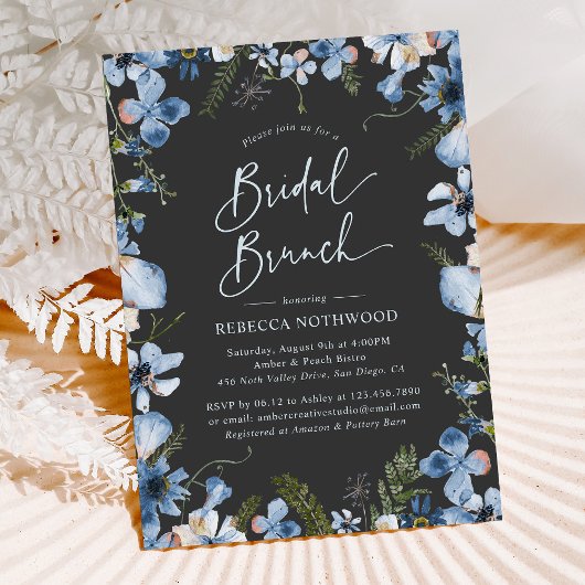 Modern Boho Gray Dusty Blue Floral Brunch Kaart