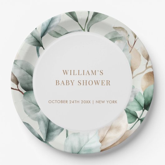 Modern Boho groen laat Baby shower Papieren Bordje (Voorkant)
