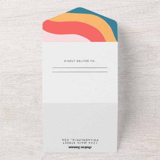 Modern Boho Groovy Retro 70s bruiloft All In One Uitnodiging (Buitenkant)