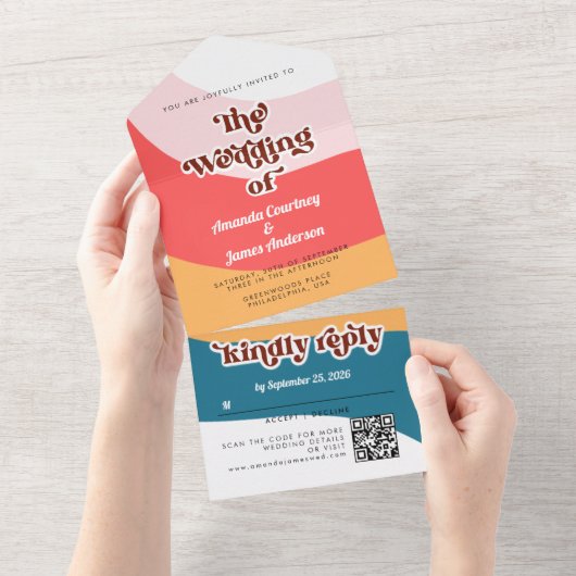 Modern Boho Groovy Retro 70s bruiloft All In One Uitnodiging (Afscheurbaar)