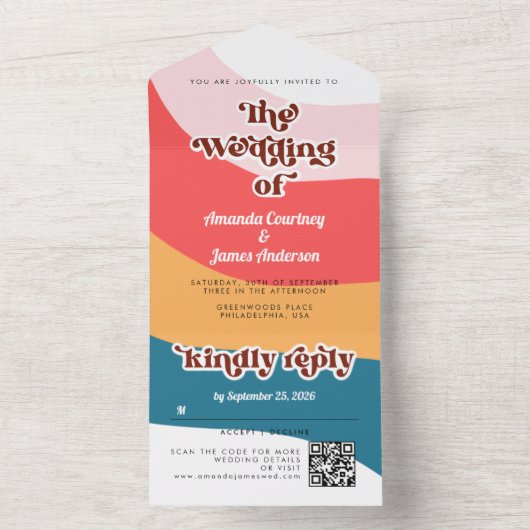 Modern Boho Groovy Retro 70s bruiloft All In One Uitnodiging (Binnen)