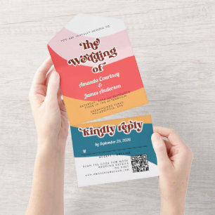 Modern Boho Groovy Retro 70s bruiloft All In One Uitnodiging