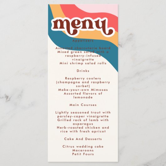 Modern Boho Groovy Retro 70s Rainbow Wedding Menu (Voorkant)