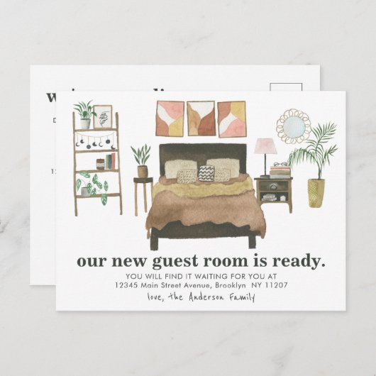 Modern Boho Guest Room Ready We hebben beweging ge Aankondigingskaart (Voorkant / Achterkant)