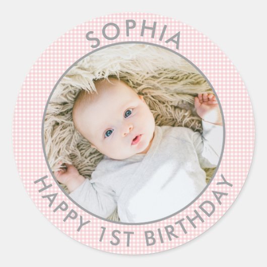 Modern Boho Happy 1st Birthday Foto Schattige Ronde Sticker (Voorkant)