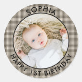 Modern Boho Happy 1st Birthday Foto Schattige Ronde Sticker (Voorkant)