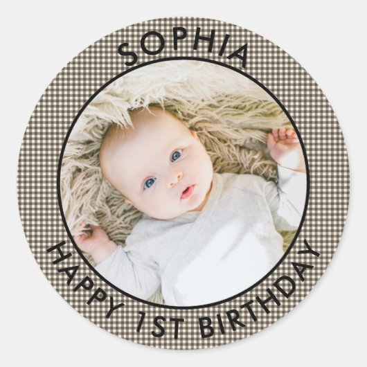 Modern Boho Happy 1st Birthday Foto Schattige Ronde Sticker (Voorkant)