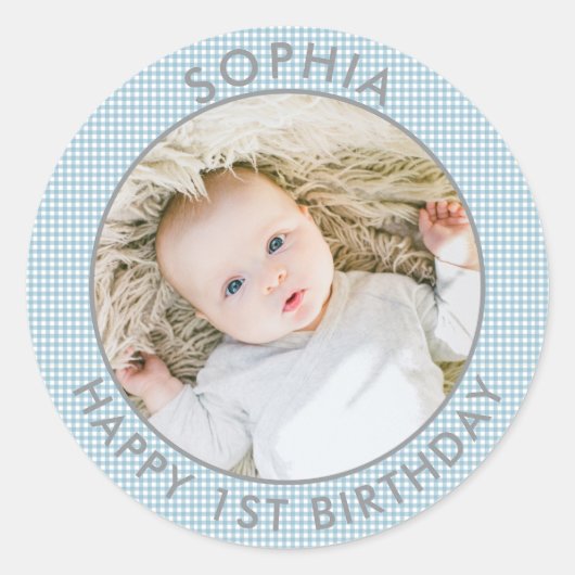Modern Boho Happy 1st Birthday Foto Schattige Ronde Sticker (Voorkant)