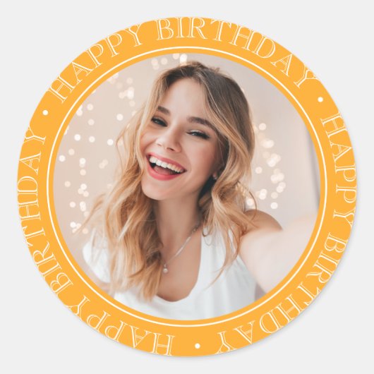 Modern Boho Happy Birthday retro mosterd Foto Ronde Sticker (Voorkant)