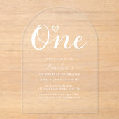 Modern Boho Heart White Script Eerste Verjaardag Acryl Uitnodigingen (Voorkant)