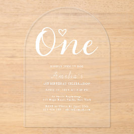 Modern Boho Heart White Script Eerste Verjaardag Acryl Uitnodigingen