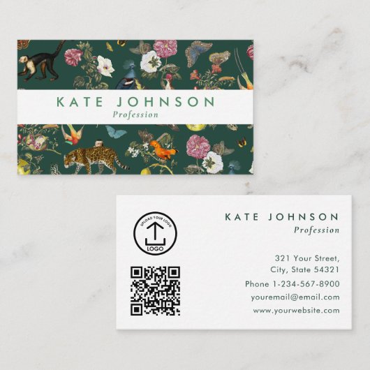 Modern Boho Jungle Animals Floral Green Colorful  Visitekaartje (Voorkant / Achterkant)