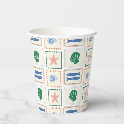 Modern Boho Kust Pastel Schelp Patroon Papieren Bekers (Achterkant)