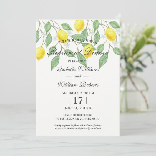 Modern Boho Lemon Summer Rehearsal Dinner Kaart (Staand voorkant)