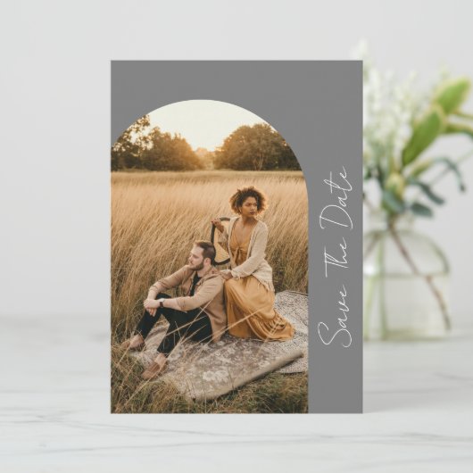 Modern Boho Lijst Wedding Gray Foto Save The Date (Staand voorkant)