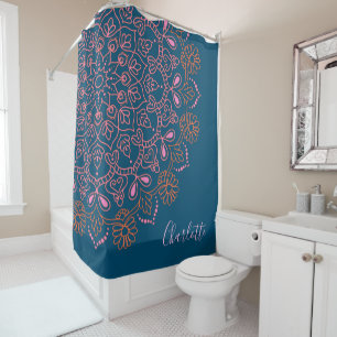 Modern Boho Mandala Medallion Blauwgroen scriptnaa Douchegordijn