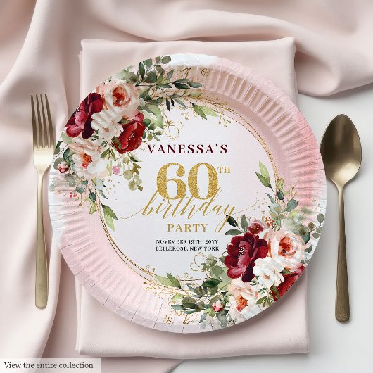 Modern Boho Maroon Blush Gold Floral Paper Plates Papieren Bordje