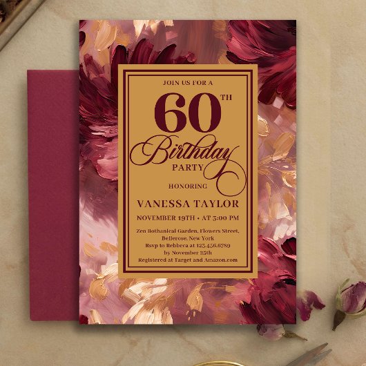 Modern Boho Merlot Blush Floral Look 60th Birthday Kaart
