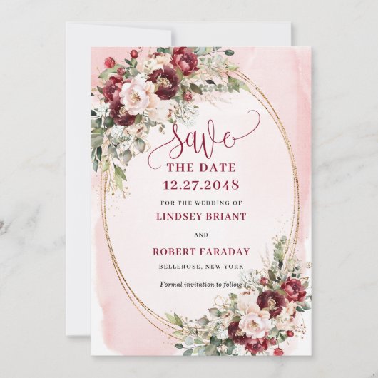 Modern Boho Merlot Blush Gold Floral Save Date Kaart (Voorkant)