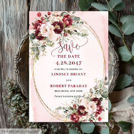Modern Boho Merlot Blush Gold Floral Save Date Kaart