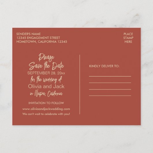 Modern Boho Minimalist Burnt Save the Date Briefkaart (Achterkant)