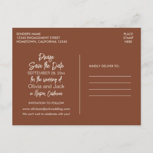 Modern Boho minimalist Russet Brown Save the Date Briefkaart (Achterkant)