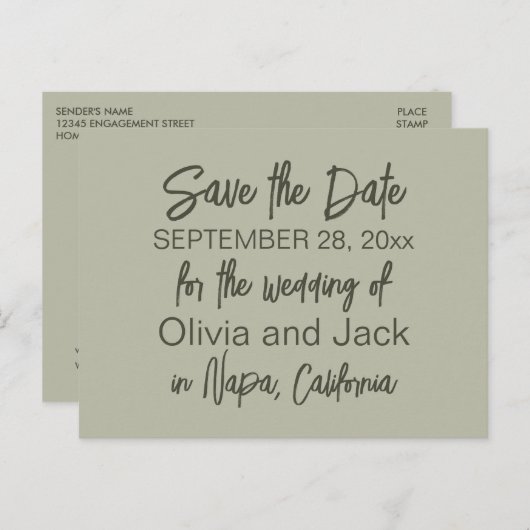 Modern Boho Minimalist Sage Green Save the Date Briefkaart (Voorkant / Achterkant)