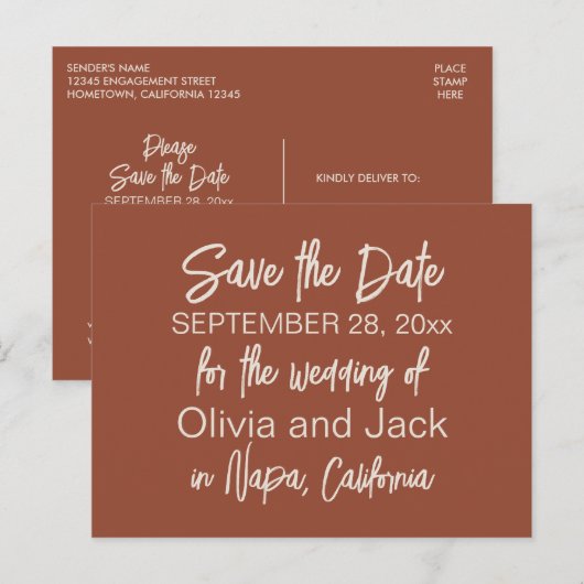 Modern Boho Minimalist Terracotta Save the Date Briefkaart (Voorkant / Achterkant)
