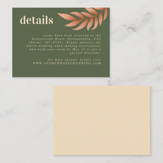 Modern Boho Moss Green en Leaf Wedding Detail Informatiekaartje (Voorkant / Achterkant)