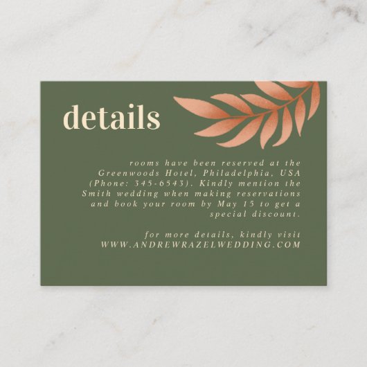 Modern Boho Moss Green en Leaf Wedding Detail Informatiekaartje (Voorkant)