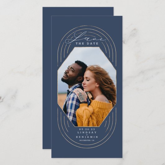 Modern Boho Navy Blue en Gold Save the Date Photo (Voorkant / Achterkant)