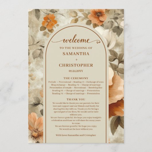 Modern Boho Neutral Rust Beige Sage Floral Program Programmakaart (Voorkant)