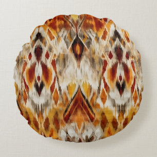 Modern Boho Neutrals Brown Oranje Ikat Tribal Rond Kussen