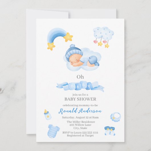 Modern Boho Nursery Waterverf Blue Het is Baby Kaart (Voorkant)