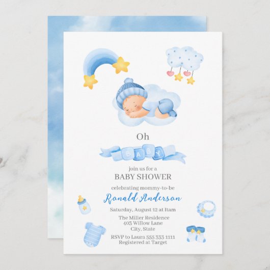Modern Boho Nursery Waterverf Blue Het is Baby Kaart (Voorkant / Achterkant)