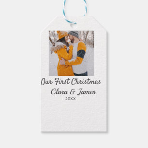 Modern boho onze eerste kerst foto koppel naam cadeaulabel