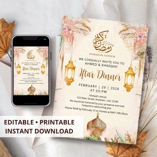 Modern Boho Pampas and Gold Lantern Iftar Dinner Kaart
