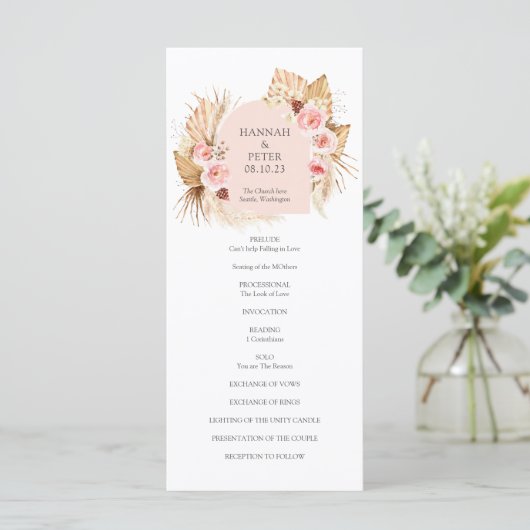 Modern Boho Pampas Grass Floral Wedding Programme (Staand voorkant)