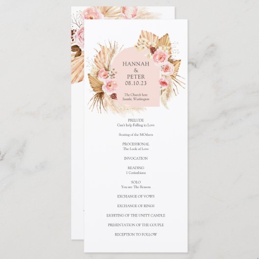 Modern Boho Pampas Grass Floral Wedding Programme (Voorkant / Achterkant)