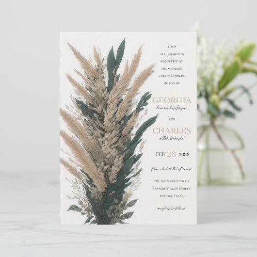 Modern Boho Pampas Grass Leaf Bouquet Wedding Kaart (Staand voorkant)