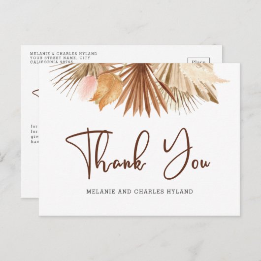 Modern Boho Pampas Grass Wedding Bedankt Postcar Briefkaart (Voorkant / Achterkant)
